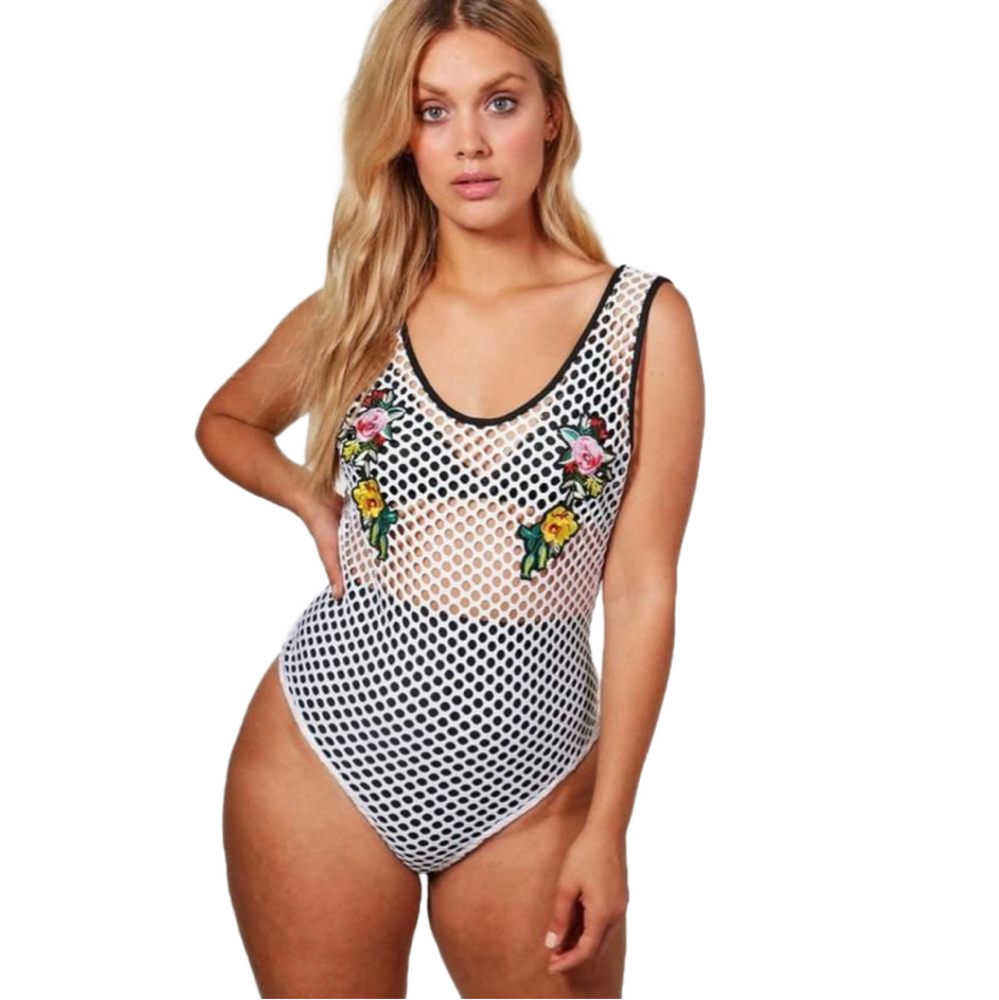 Boohoo Plus New Size 12 Anna Floral Applique White Net Bodysuit